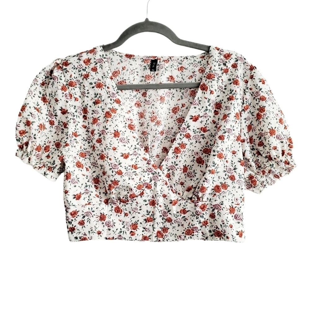 Zaful Smocked Hem Floral Cottagecore Cropped Peasant Blouse